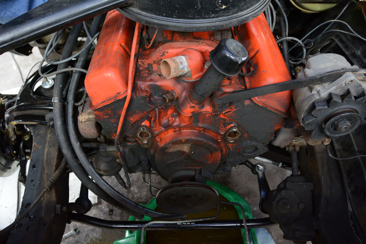 3: With the front drive accessories removed, we can get a good look at our greasy small-block