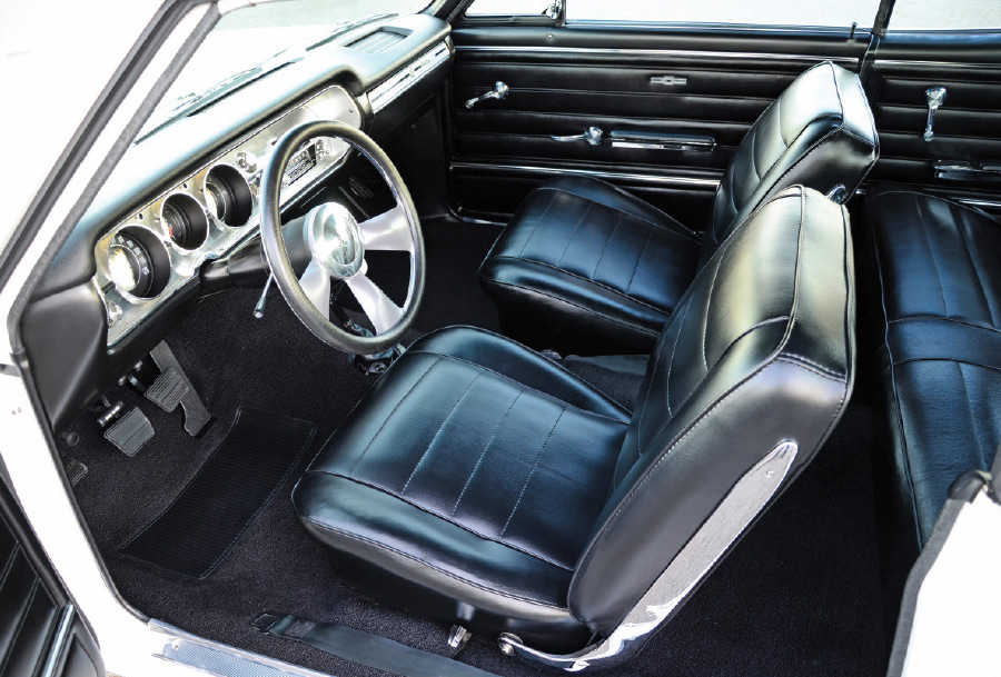 1965 Chevelle interior view of the seats and steering wheel