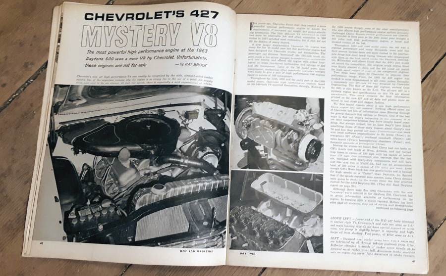 May ’63 Hot Rod magazine article in which author Ray Brock pulled the lid on the Mark II 427