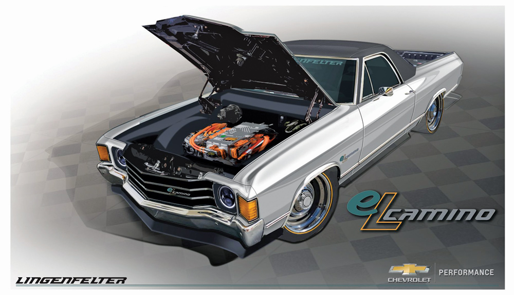 El Camino rendering illustrating how the eCrate looks under the hood of a classic muscle car