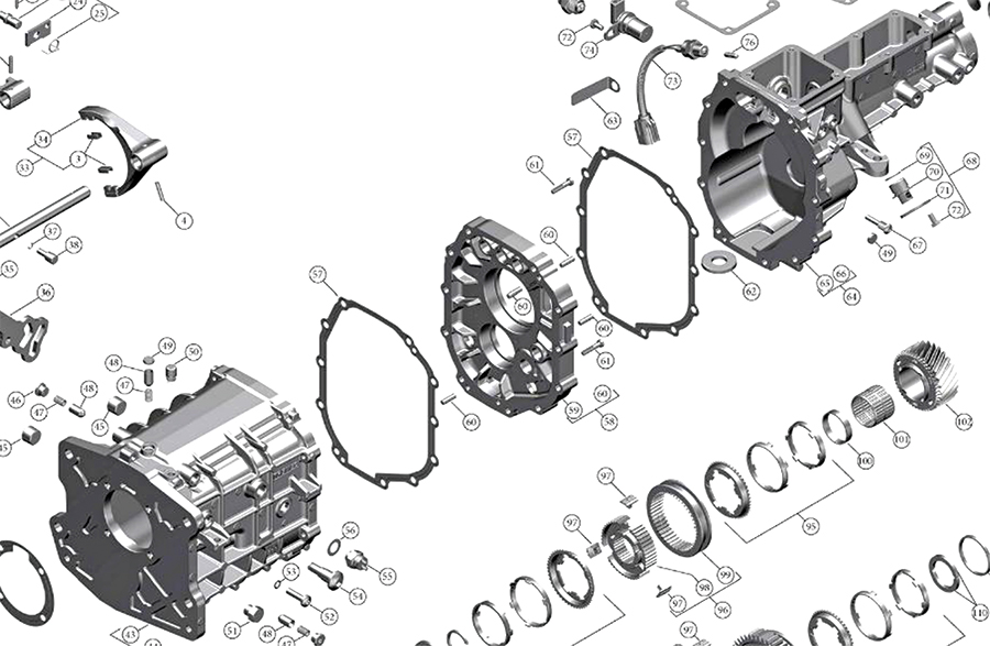 exploded view of the TKX revealing both the addition of the substantial mid-plate as well as the main case gaskets