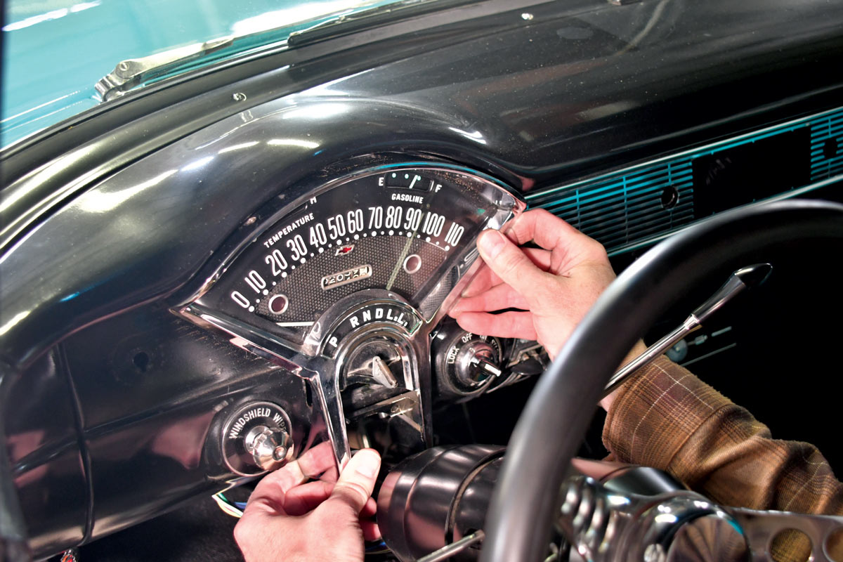 Original speedometer on the 1965 Chevy with only a temperature gauge