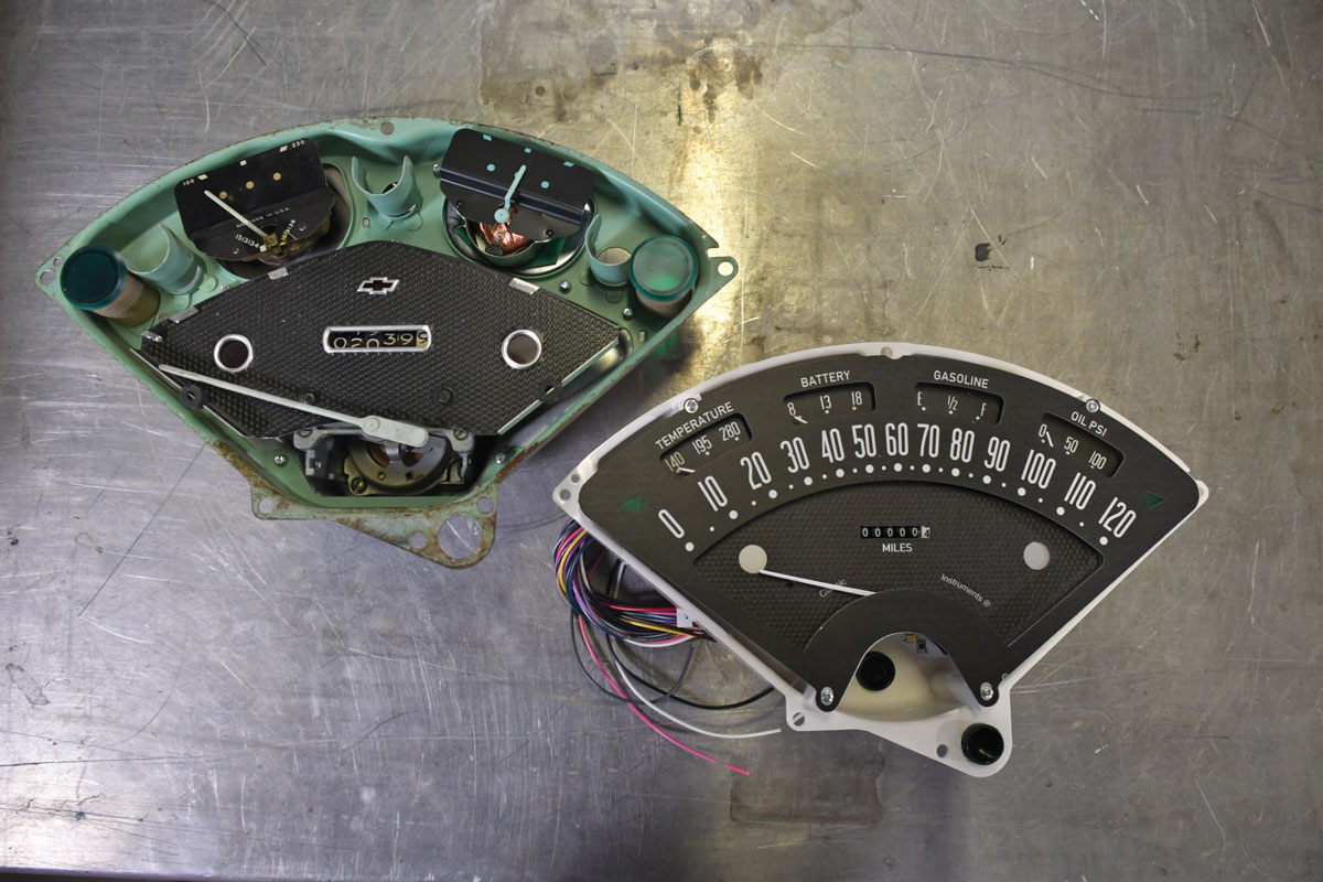 A side-by-side comparison of the back of the original and front of the Bel Era III speedometer