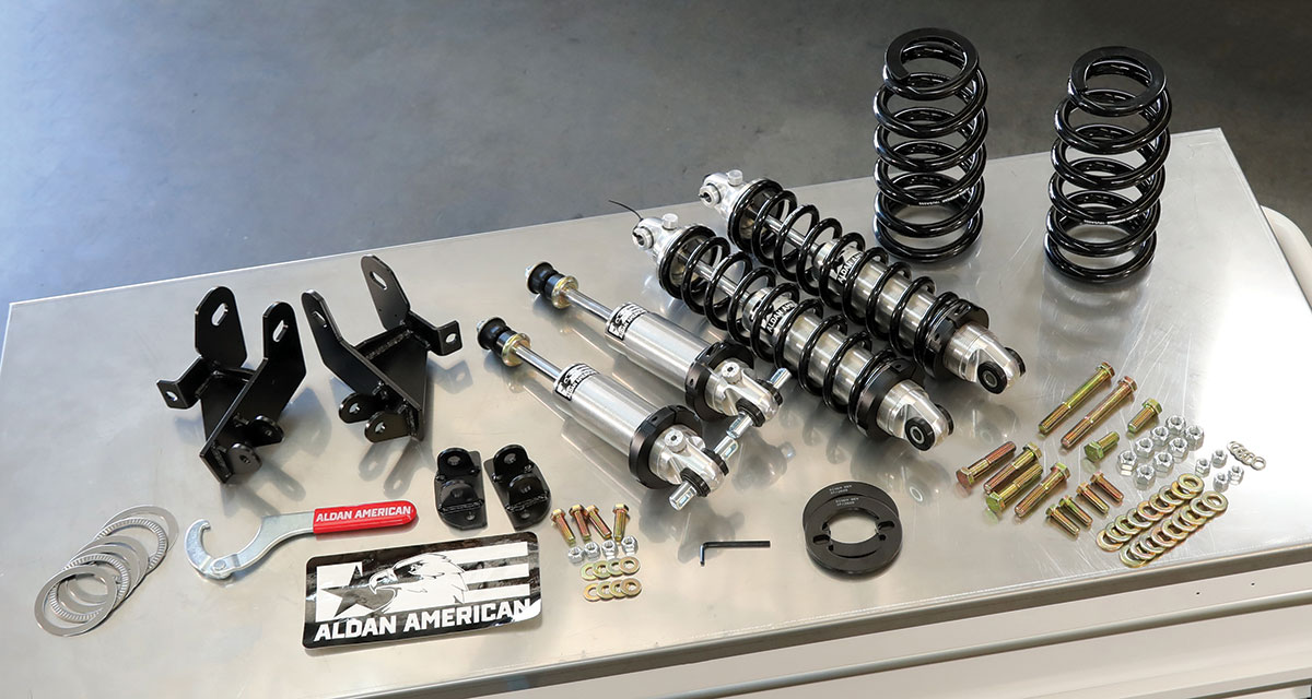 Aldan American's coilover kit laid out on a table