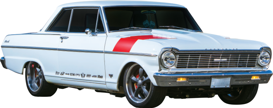 white 1965 Chevy II with red and black stripes