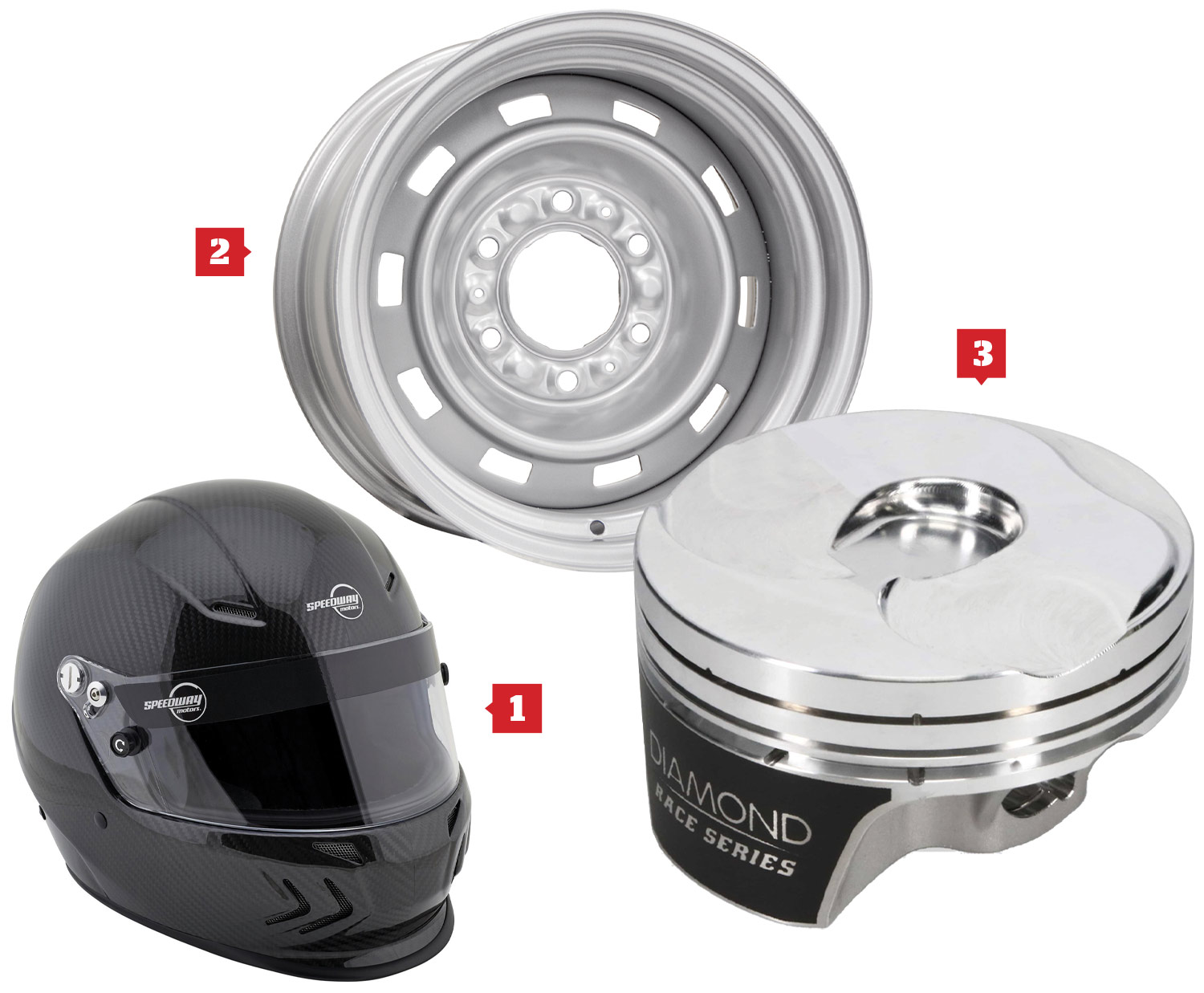 Speedway Motors SA2020 Lightweight Racing Helmet; GM Pickup Rallye wheel rim; Diamond’s “2K” series aluminum pistons