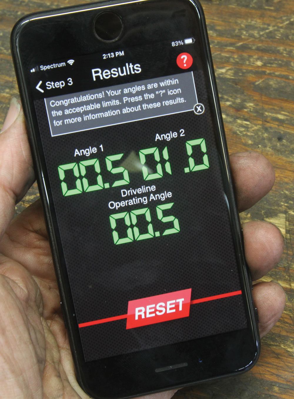 smartphone screen displays the specs of the measurements 