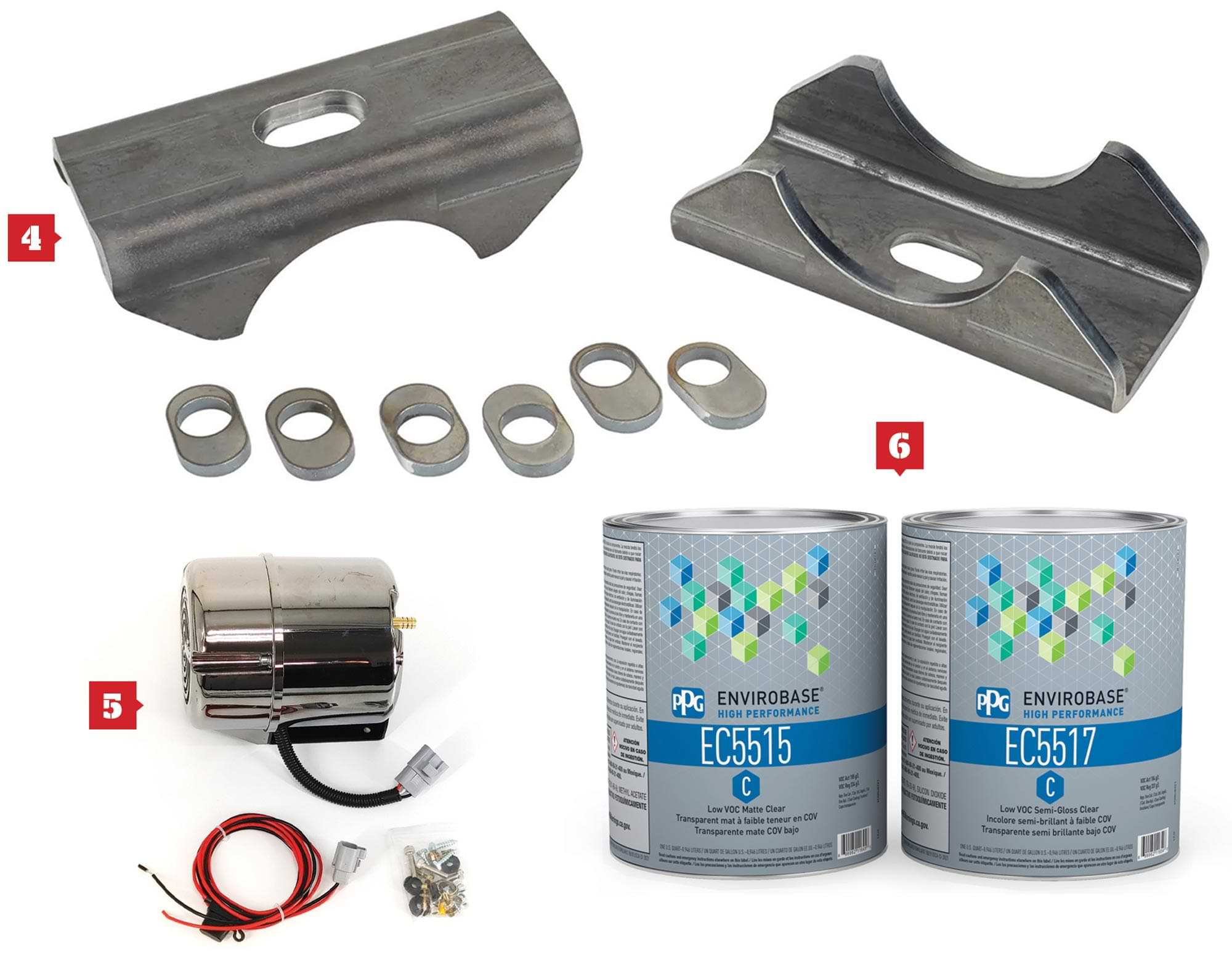 Speedway Motors leaf spring pads; Granatelli Motor Sports 12-Volt Electric Vacuum Pump Kit; PPG 2.1 Low VOC Matte and Semi-Gloss Clearcoats