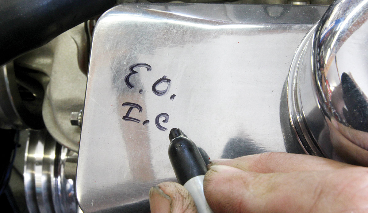 EO/IC stands for Exhaust Opening/Intake Closing. We put this shortcut on the valve cover with a Sharpie as a reminder, but you could stash this code just about anywhere.