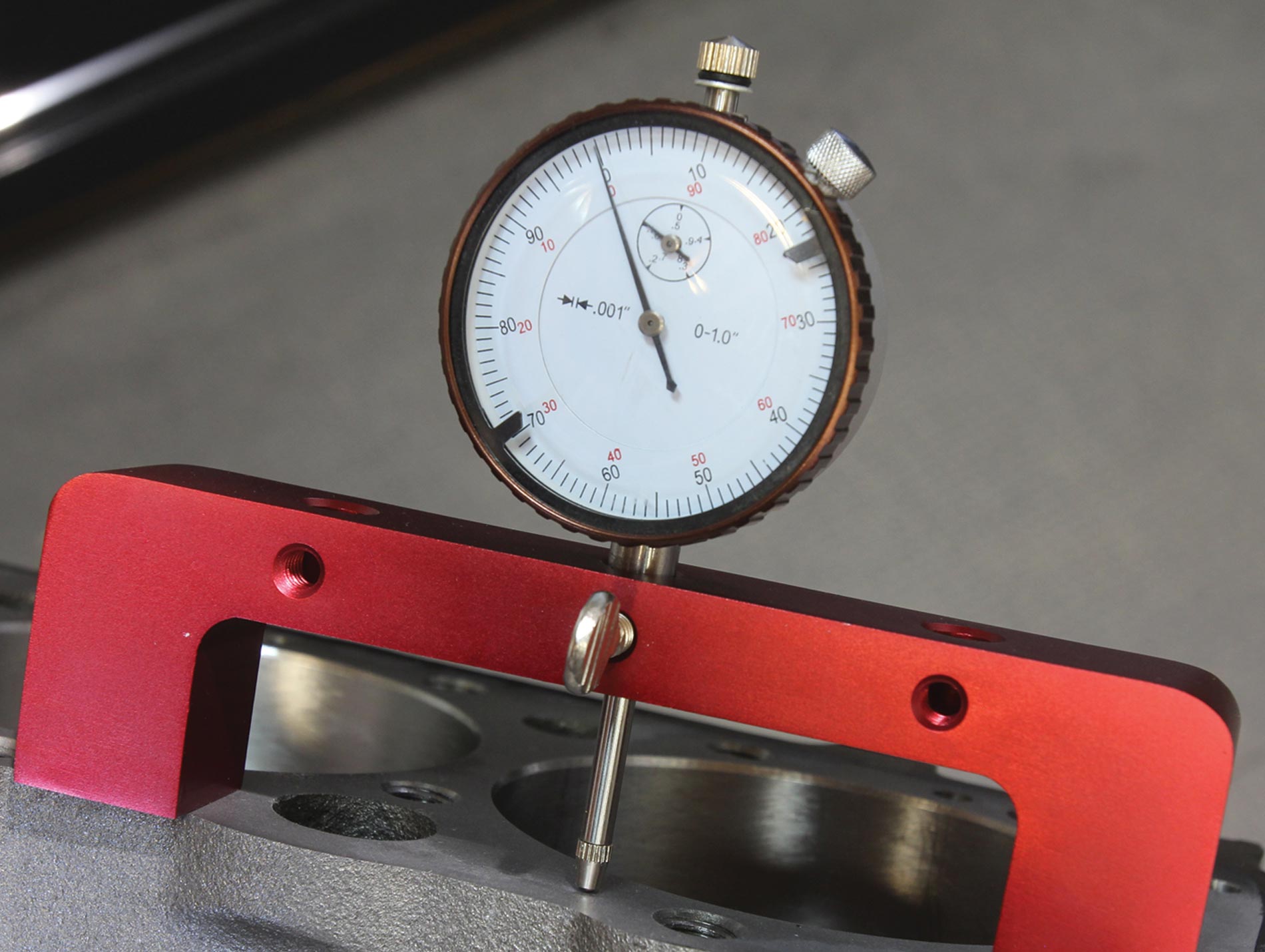 Summit’s Camshaft Checking Fixture with a dial indicator is used to determine the Deck Clearance