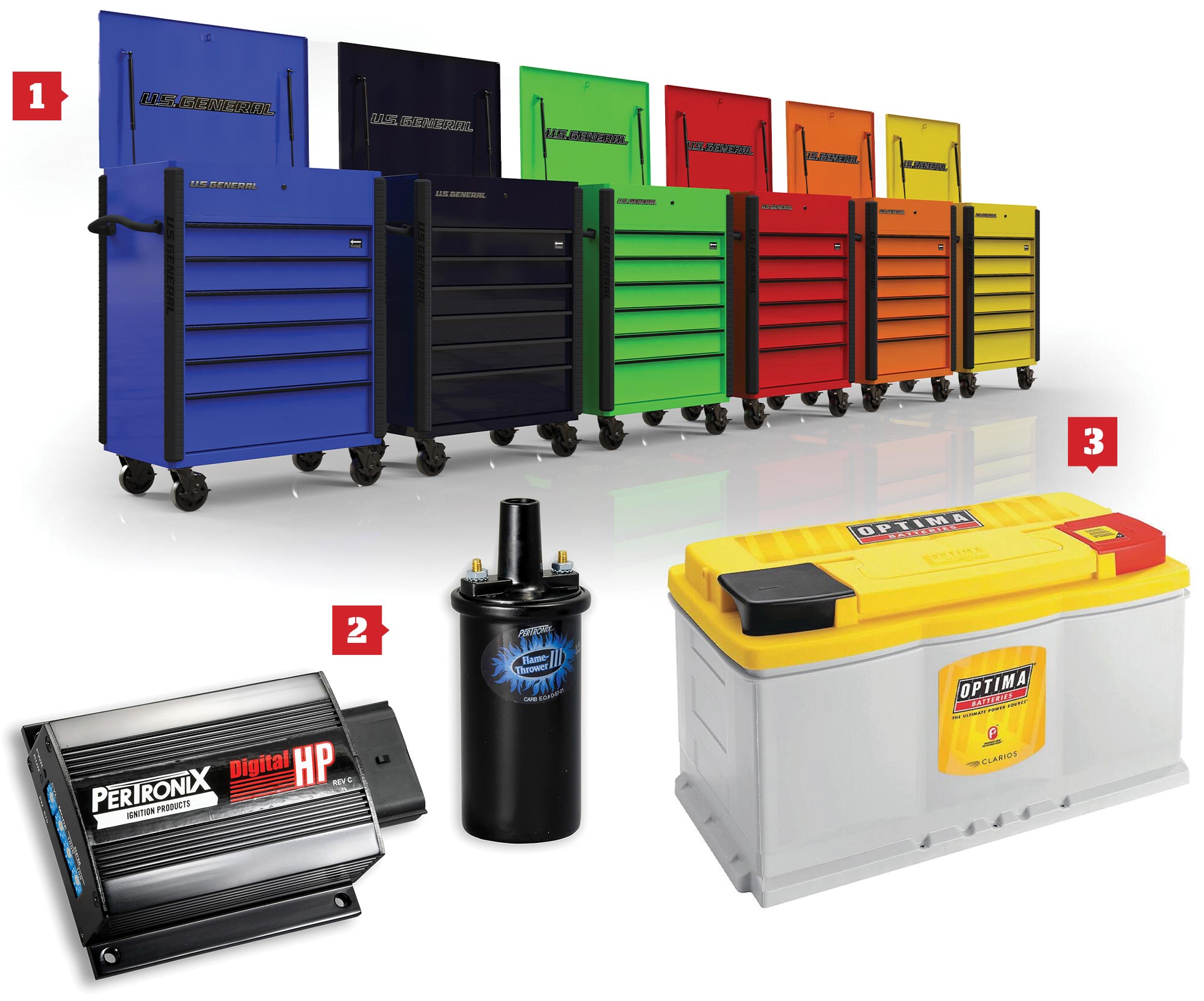 Harbor Freight Tools 34-inch, full-bank service carts in various colors; PerTronix’s 510C Digital HP ignition box; Optima’s YellowTop DH7 battery