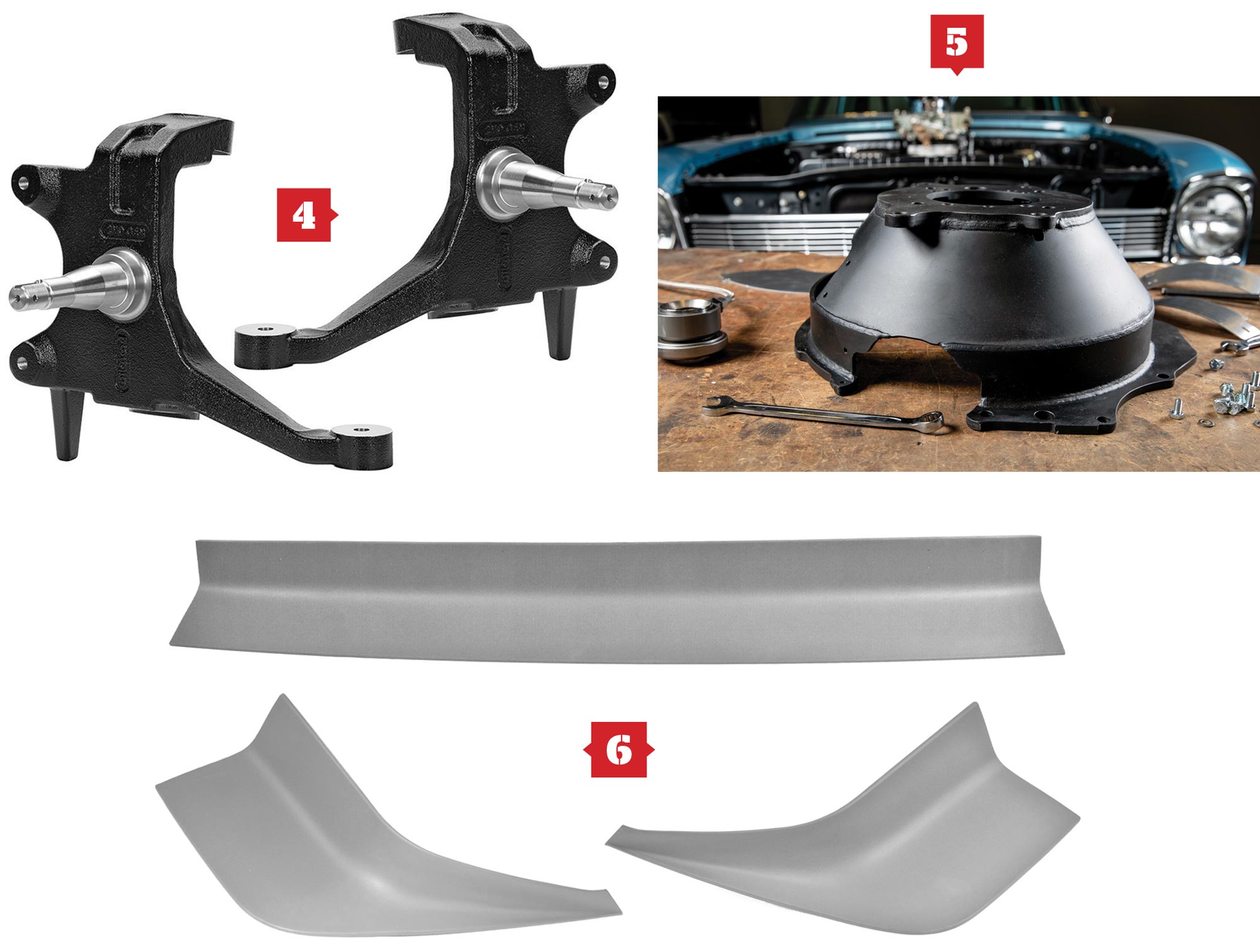 Wilwood's 2-inch drop ProSpindle; Speedway Motors’ Chevy transmission steel bellhousing; Golden Star Classic Auto Parts’ new 1970-1981 Camaro rear spoilers