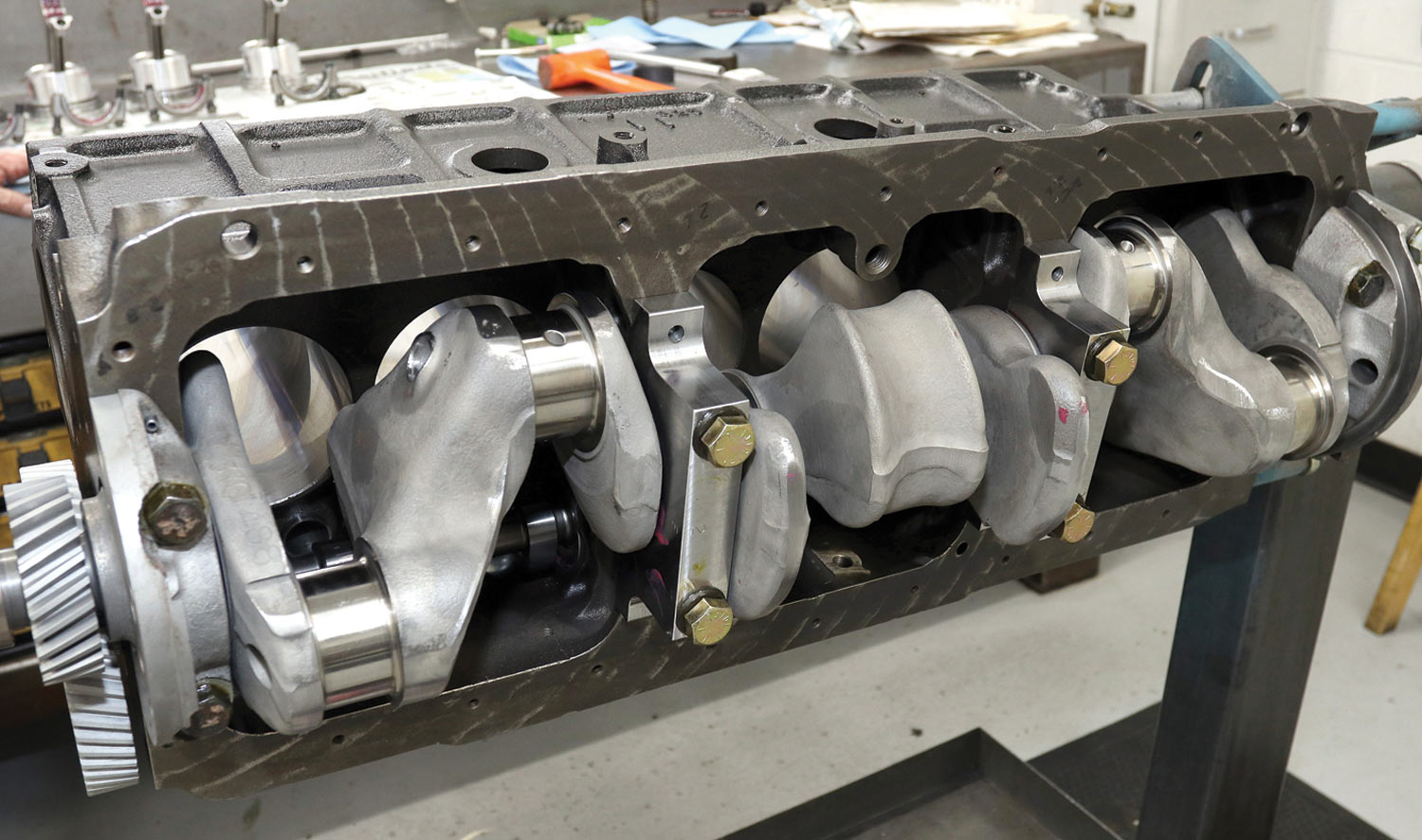 view of the crankshaft secured to the block