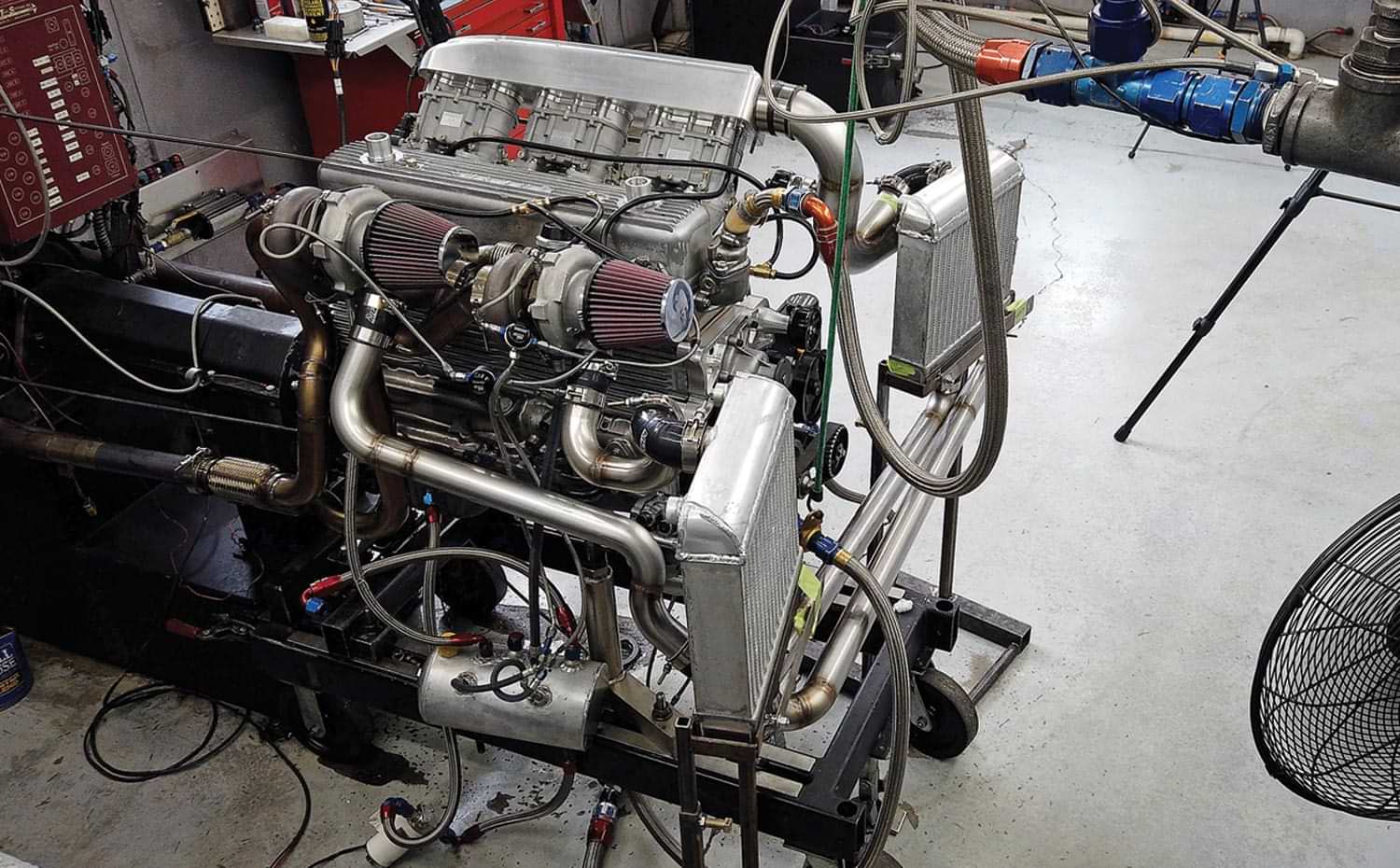 the engine on the dyno complete with both turbos and twin air-to-air intercoolers