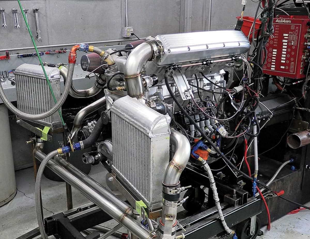 another angle of the complete engine on the dyno