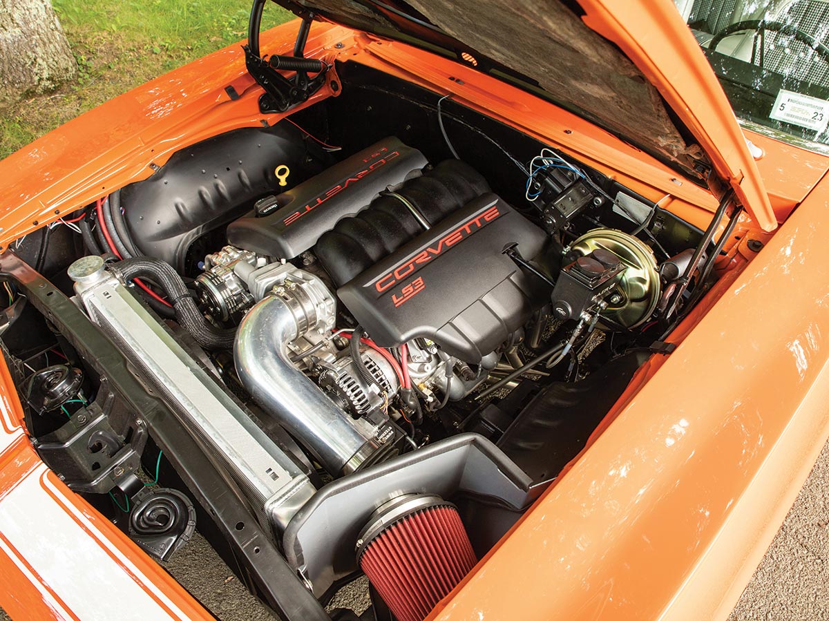 orange '69 Camaro engine under the hood