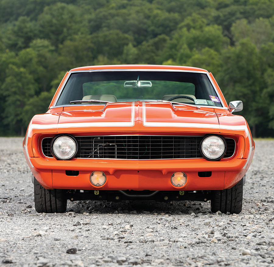 orange '69 Camaro front view of grill and bumper