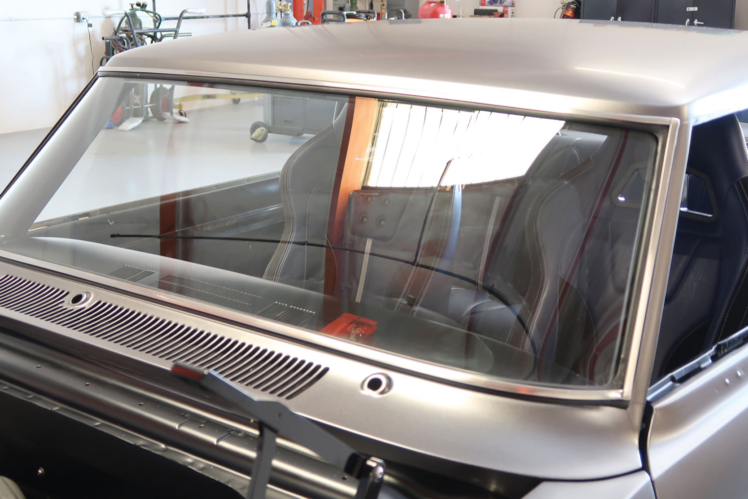 view of the clear tinted windshield installed on the '63 Nova