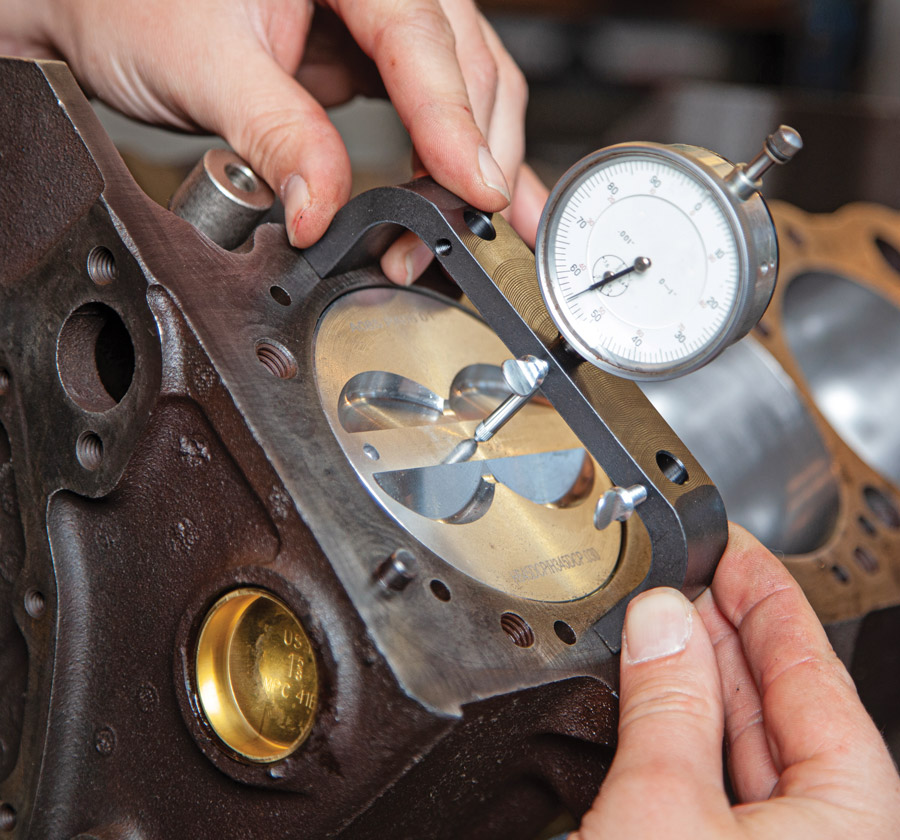 Next, before installing the timing gearset, you’ll want to ensure the #1 piston is at TDC. Use a deck bridge dial indicator and rotate the engine clockwise until the piston is at its highest traveling point.  