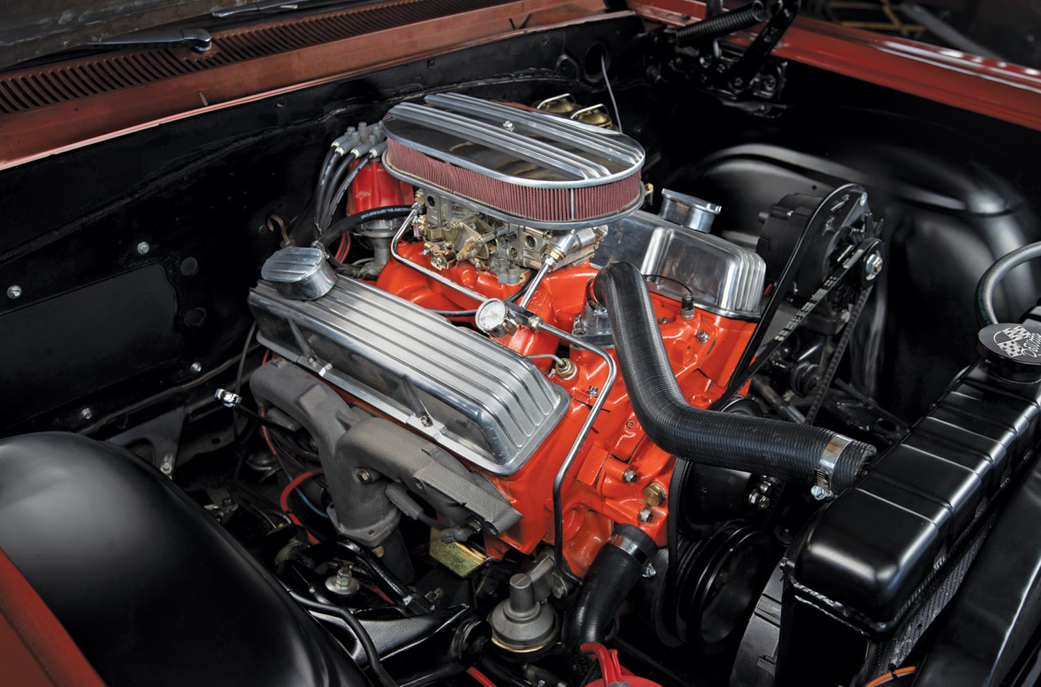 the completed engine, installed in the '63 Chevy Impala