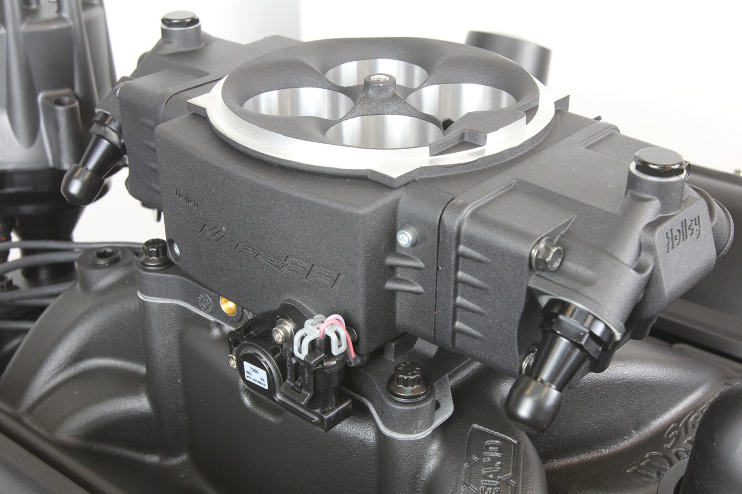 front view of the chosen throttle body, a Holley Sniper EFI Stealth 4150 (PN SNE-550-871) in black