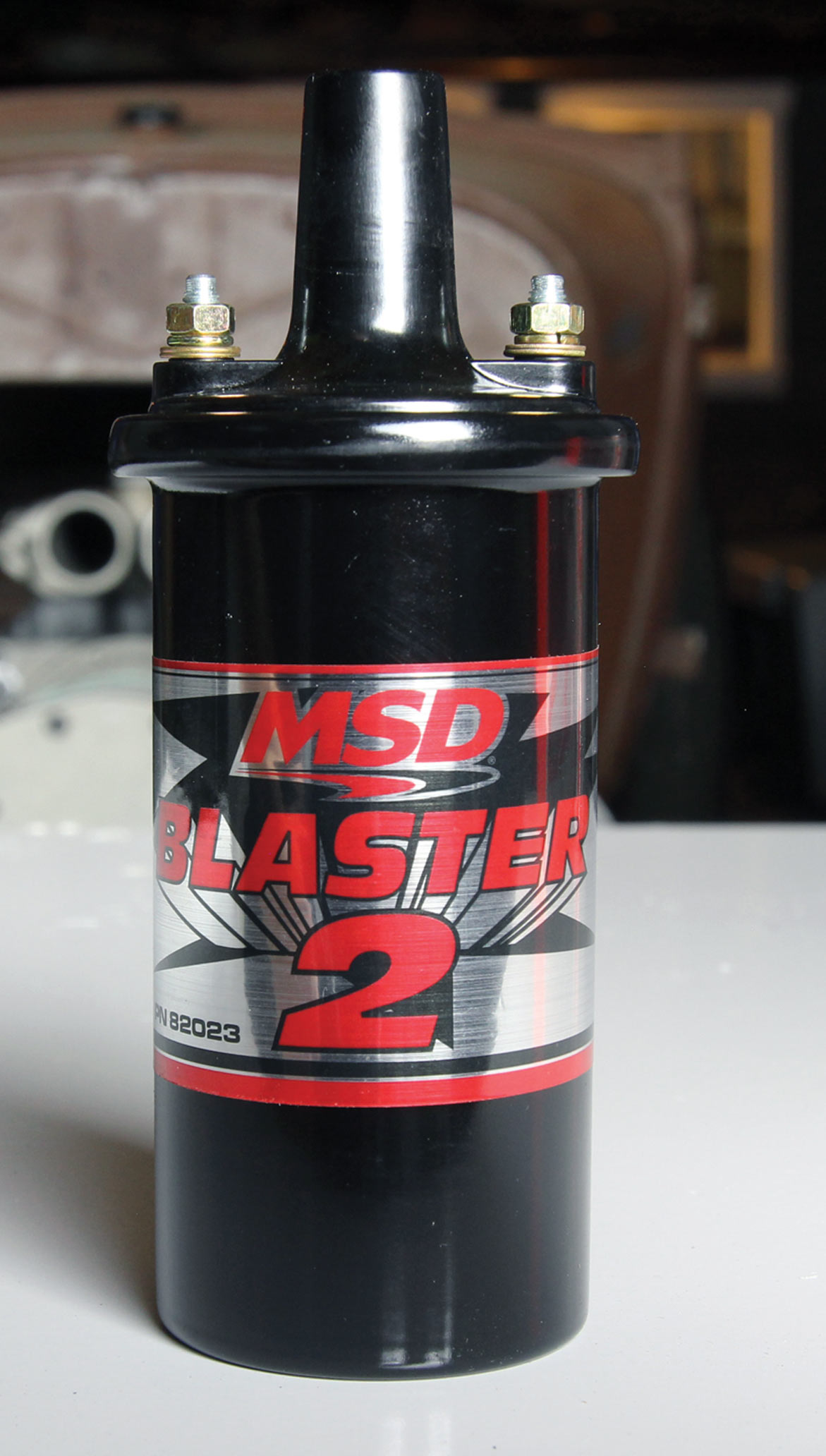 close view of the MSD Blaster 2 canister-style ignition coil (PN MSD-82023) yet to be installed