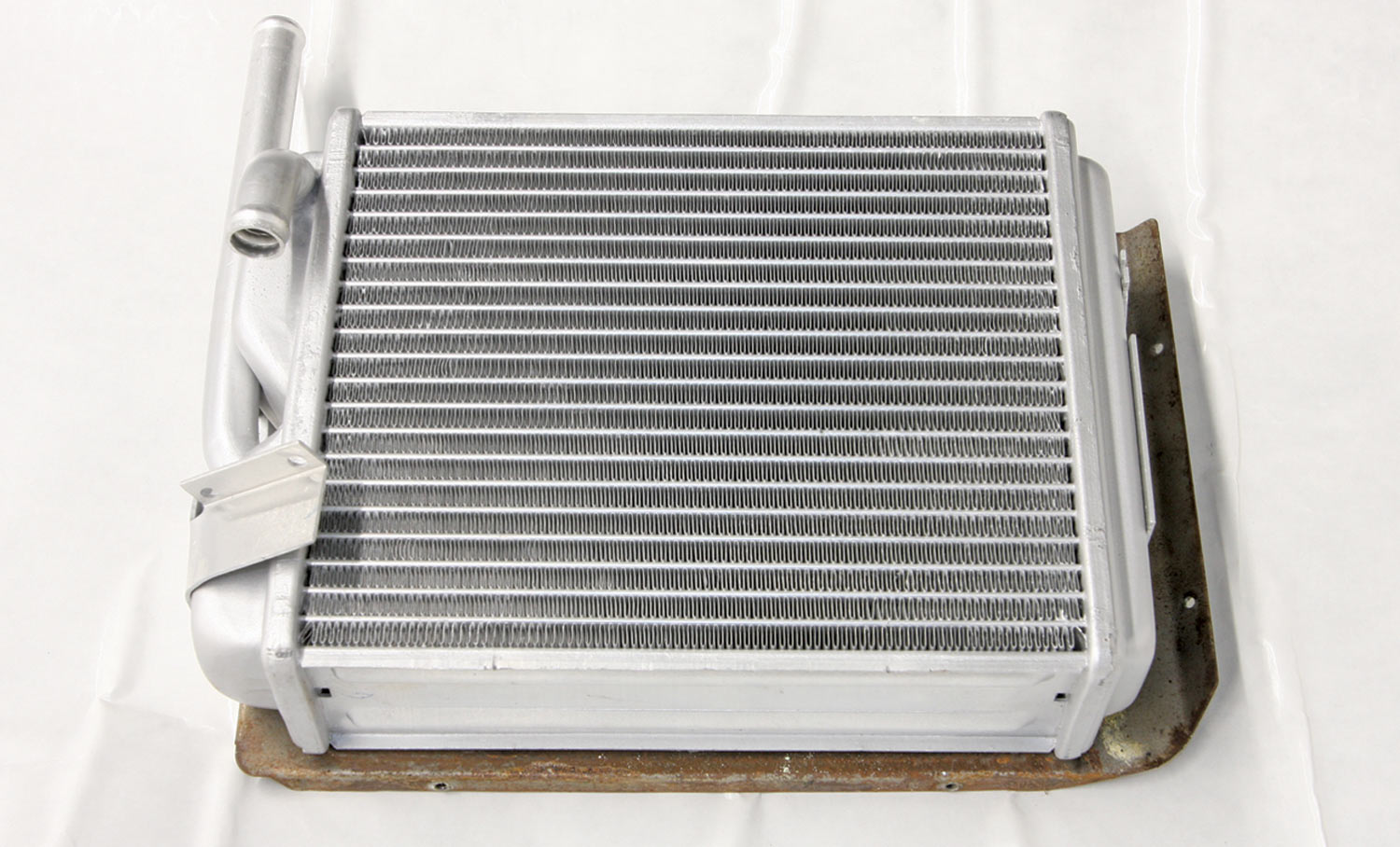 a new aluminum heater core from Danchuk sits on a table