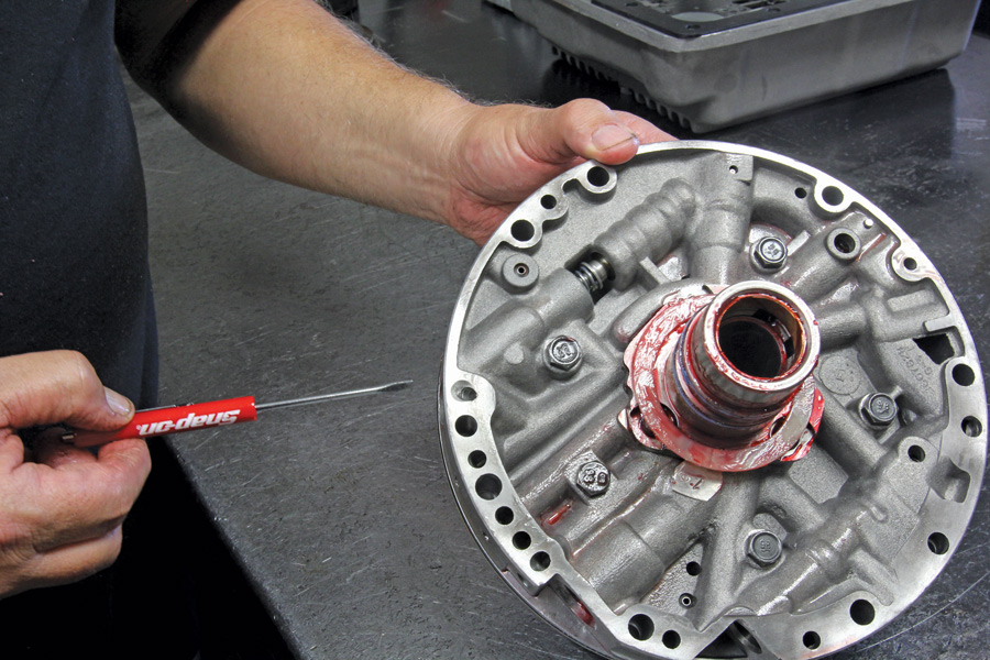 This is the front pump assembly that was rebuilt to stock clearances. Galante added the mild silver spring to the pressure boost valve assembly located at the top of the pump assembly in this photo. This spring establishes the main line pressure.