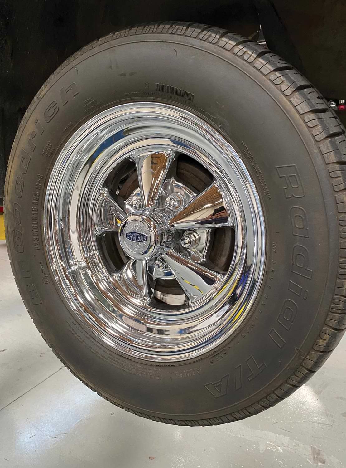 close up of on of the Chevelle's period-perfect Cragar S/S wheels still attached to the car