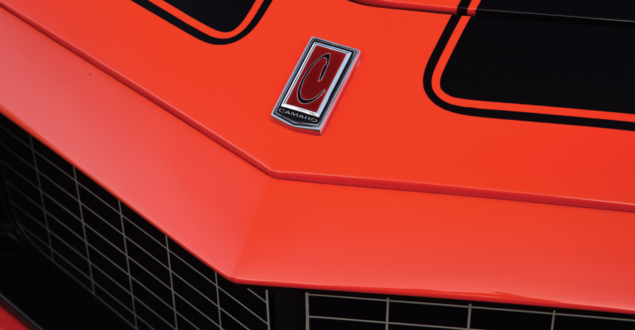 emblem and tip of the hood on a '72 Camaro