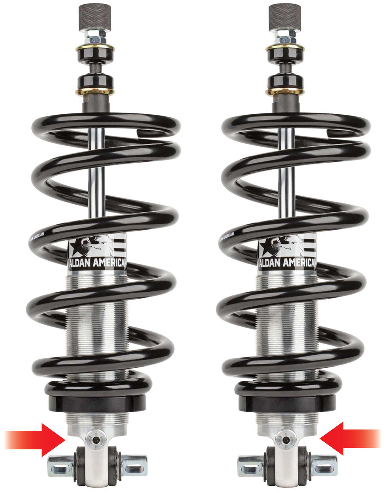 full view of two Aldan American double-adjustable RCX shocks with two red arrows pointing to a knob at one end of each