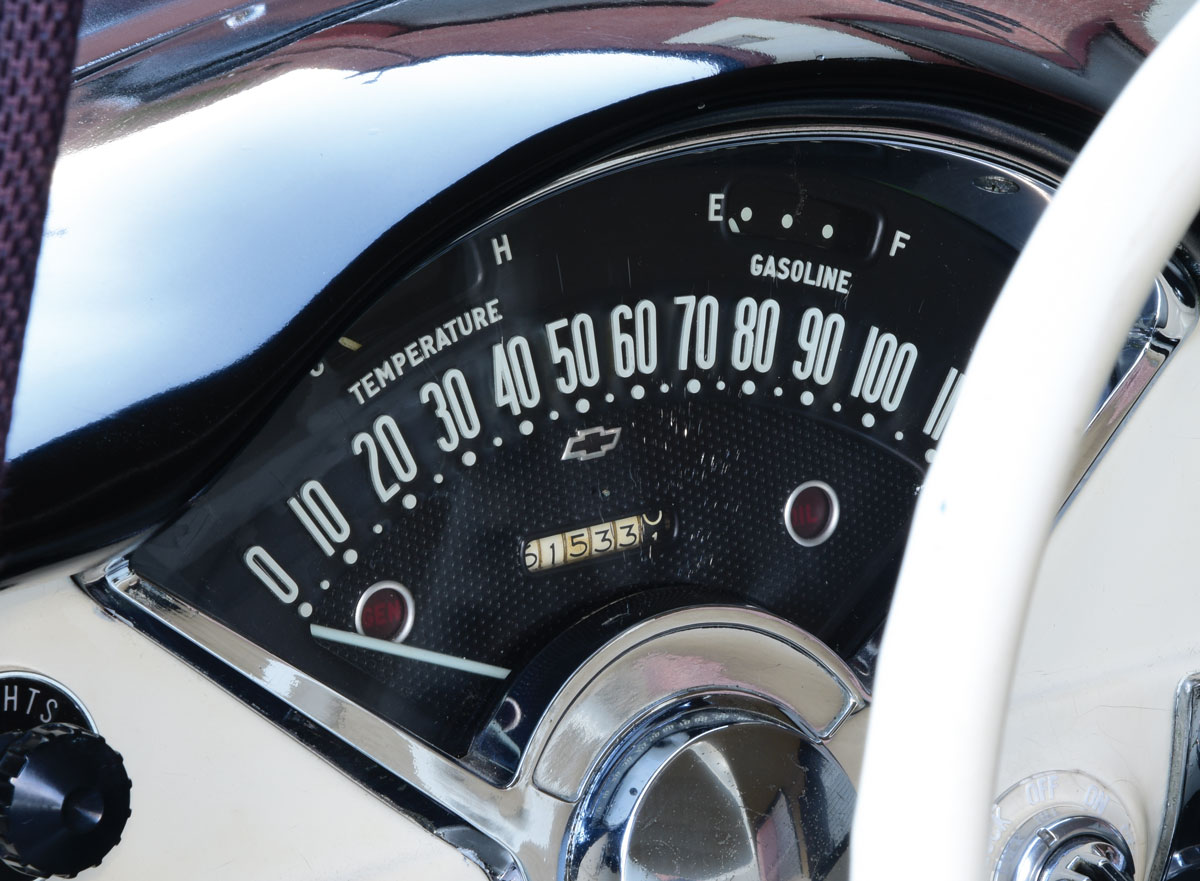 ’56 Chevy 150 speed gauge closeup