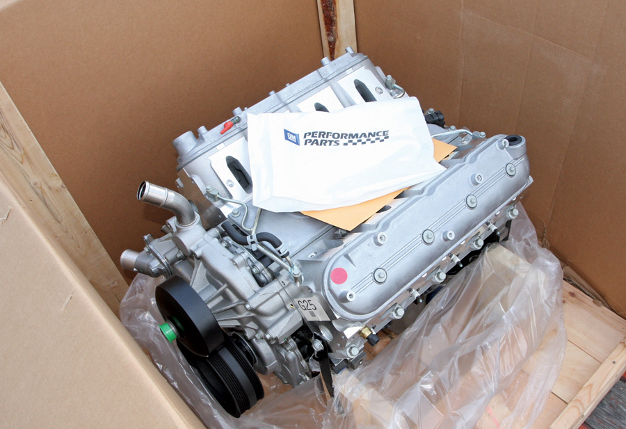 an LS327 crate engine being unpackaged