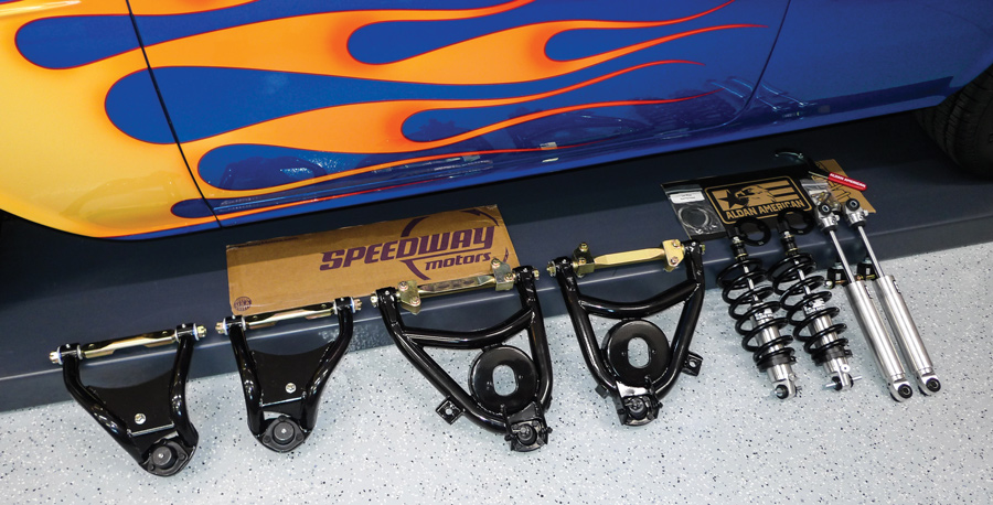 Speedway Motors tubular control arms and the Aldan American coilovers and rear shocks for the ol’ flammable ’55