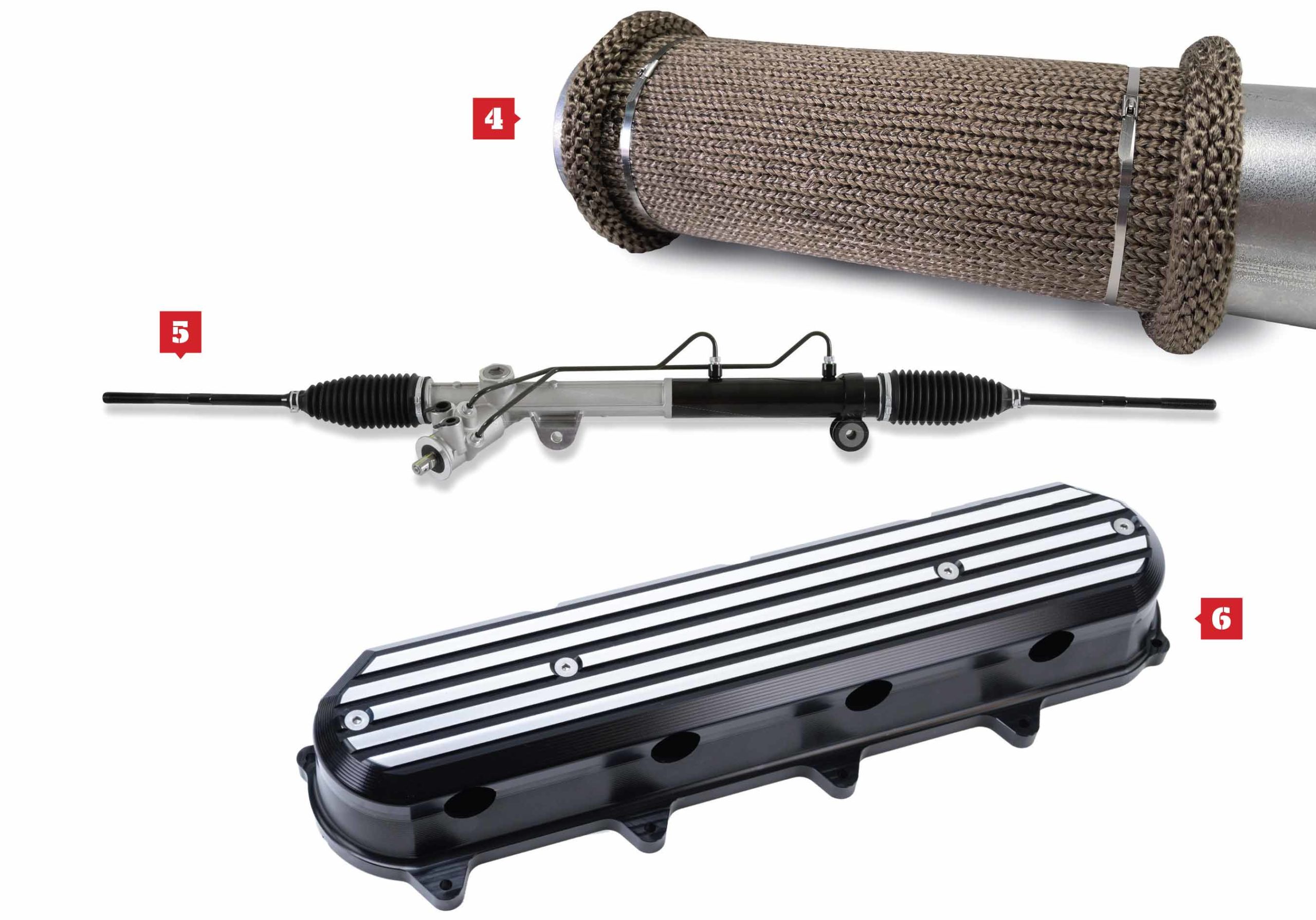 From top to bottom; Titanium Knitted Sleeves, steering rack and pinion, and LT Valve and coil covers