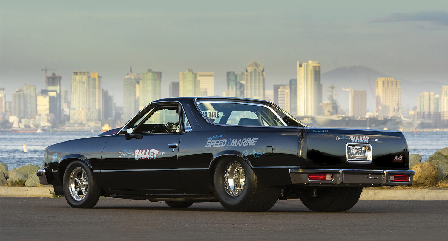 Rear angled view of El Camino with skyline in background