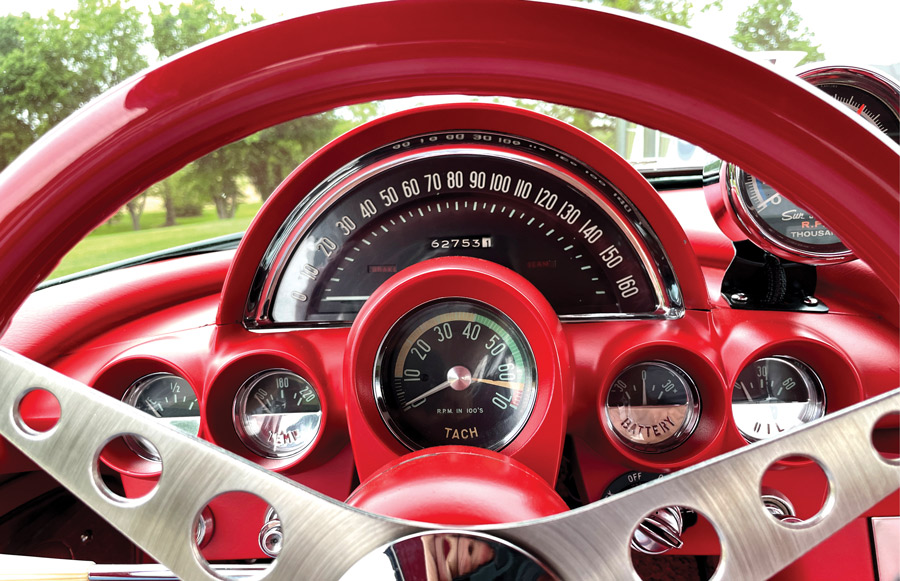 steering wheel and speedometer in a '61 Corvette