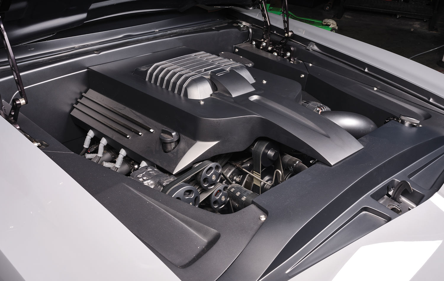 three quarter view of the '69 Camaro engine