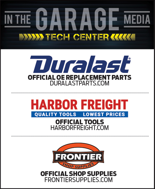 In the Garage Media Tech Center box, with logs for Duralast, Harbor Freight, Frontier