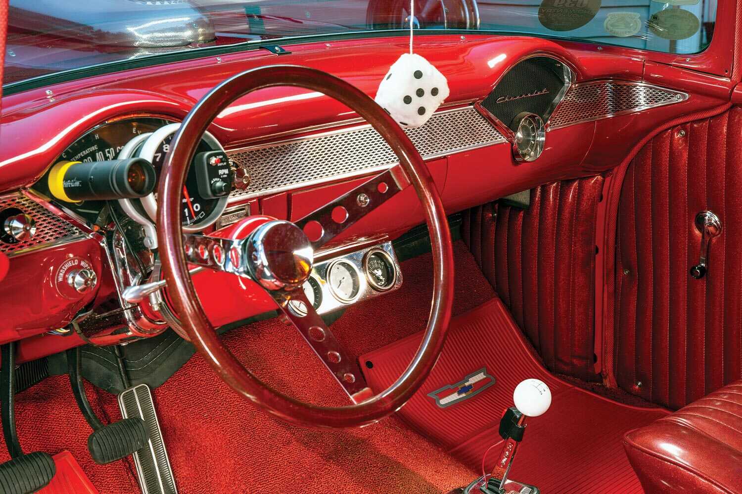 steering wheel and dashboard of the '55 Chevy gasser