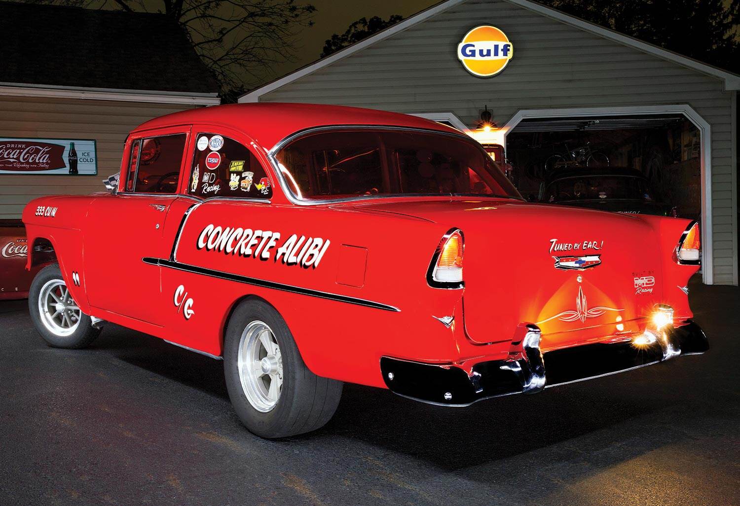 three quarter back view of the '55 Chevy gasser