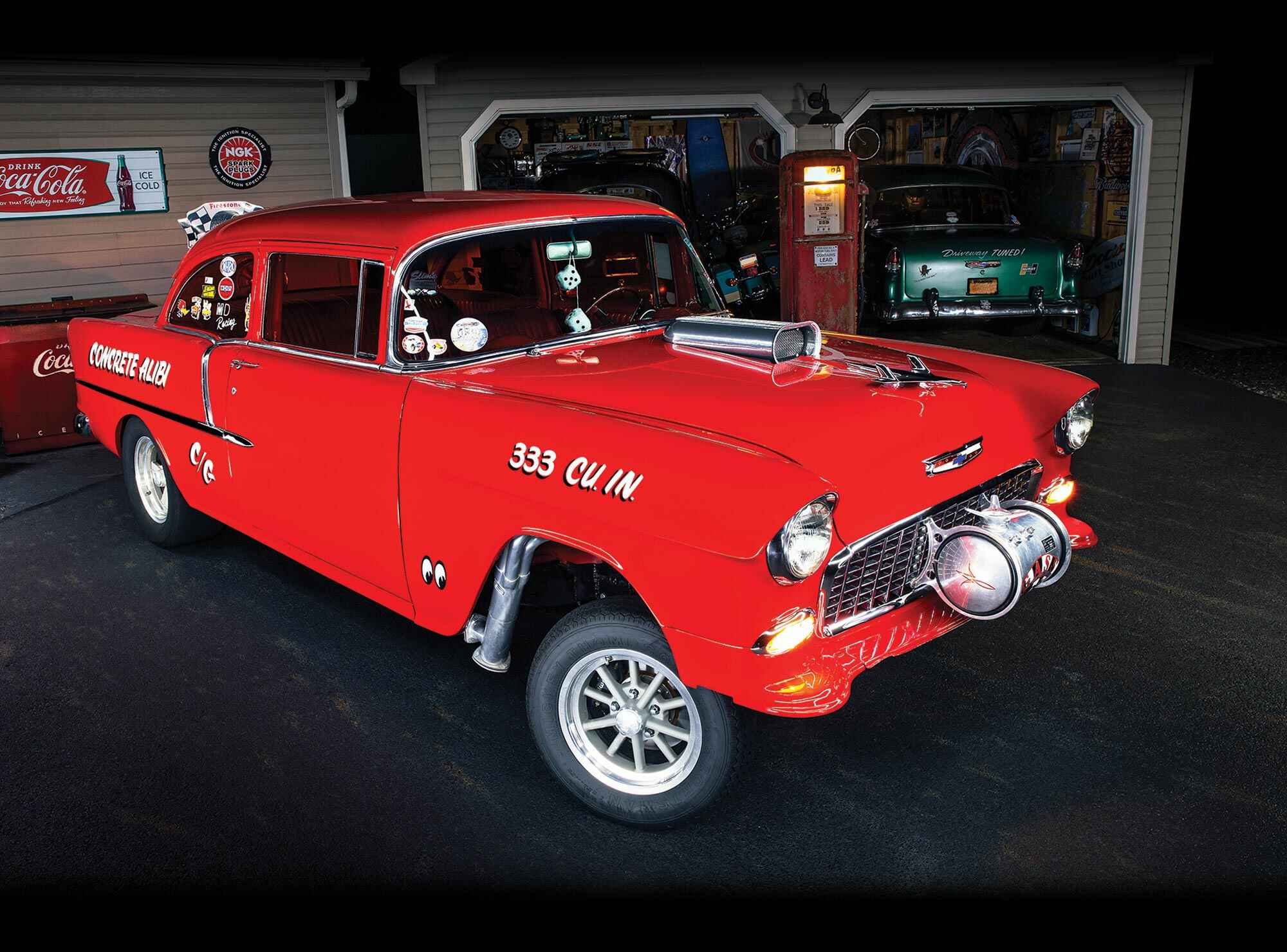 three quarter front view of the '55 Chevy gasser