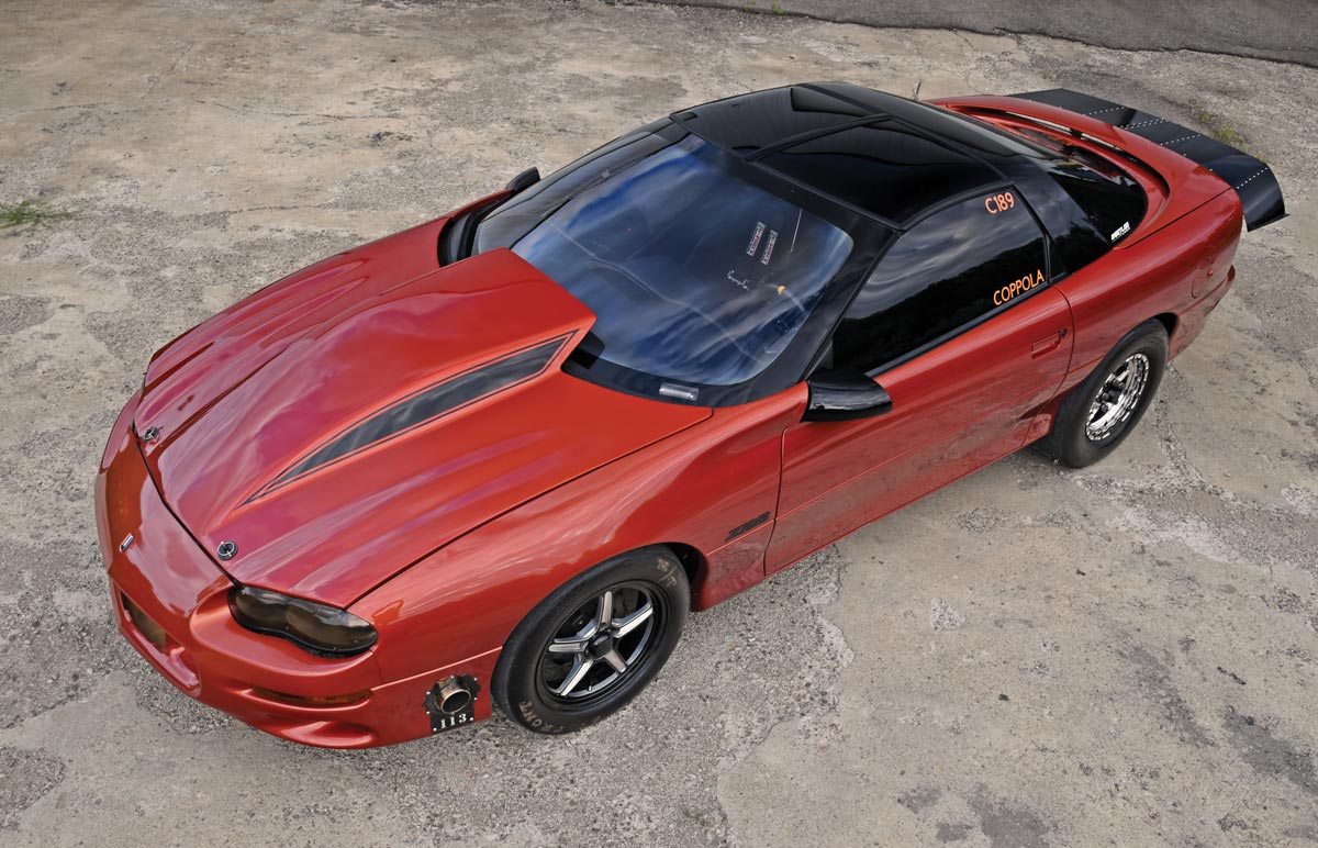 aerial view of red Z28 Camaro