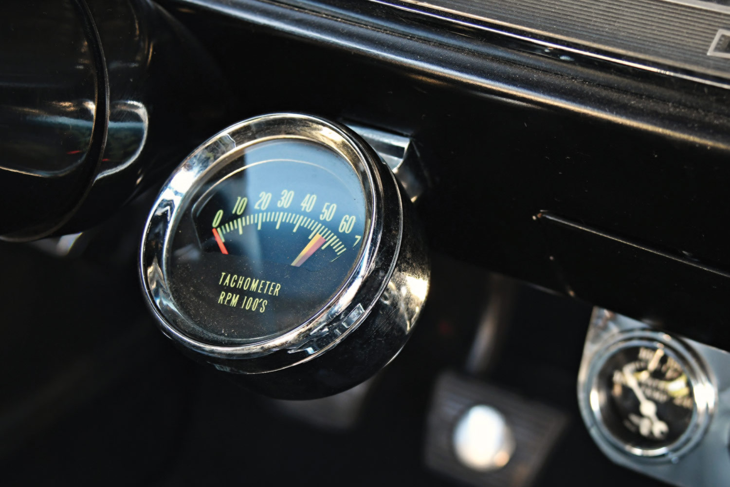 close view of the '66 Chevelle's tachometer