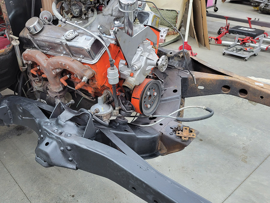 With the original suspension components removed, Srbinovich cleaned and painted the framerails. The 283ci small-block was found to be in good shape and was left alone.