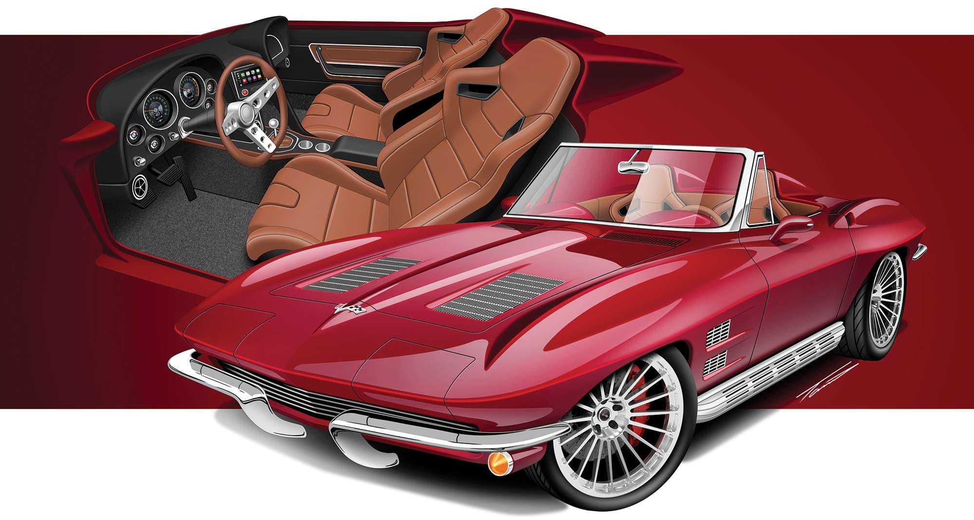 A Picture of a Red Corvette and it's brown seats