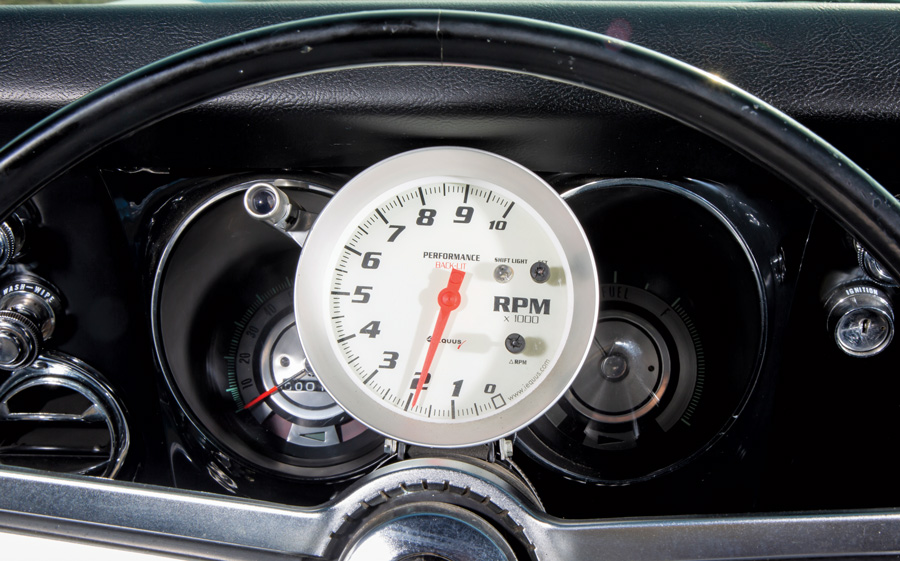 close up of an RPM meter on the speedometer of a '68 Chevy Camaro