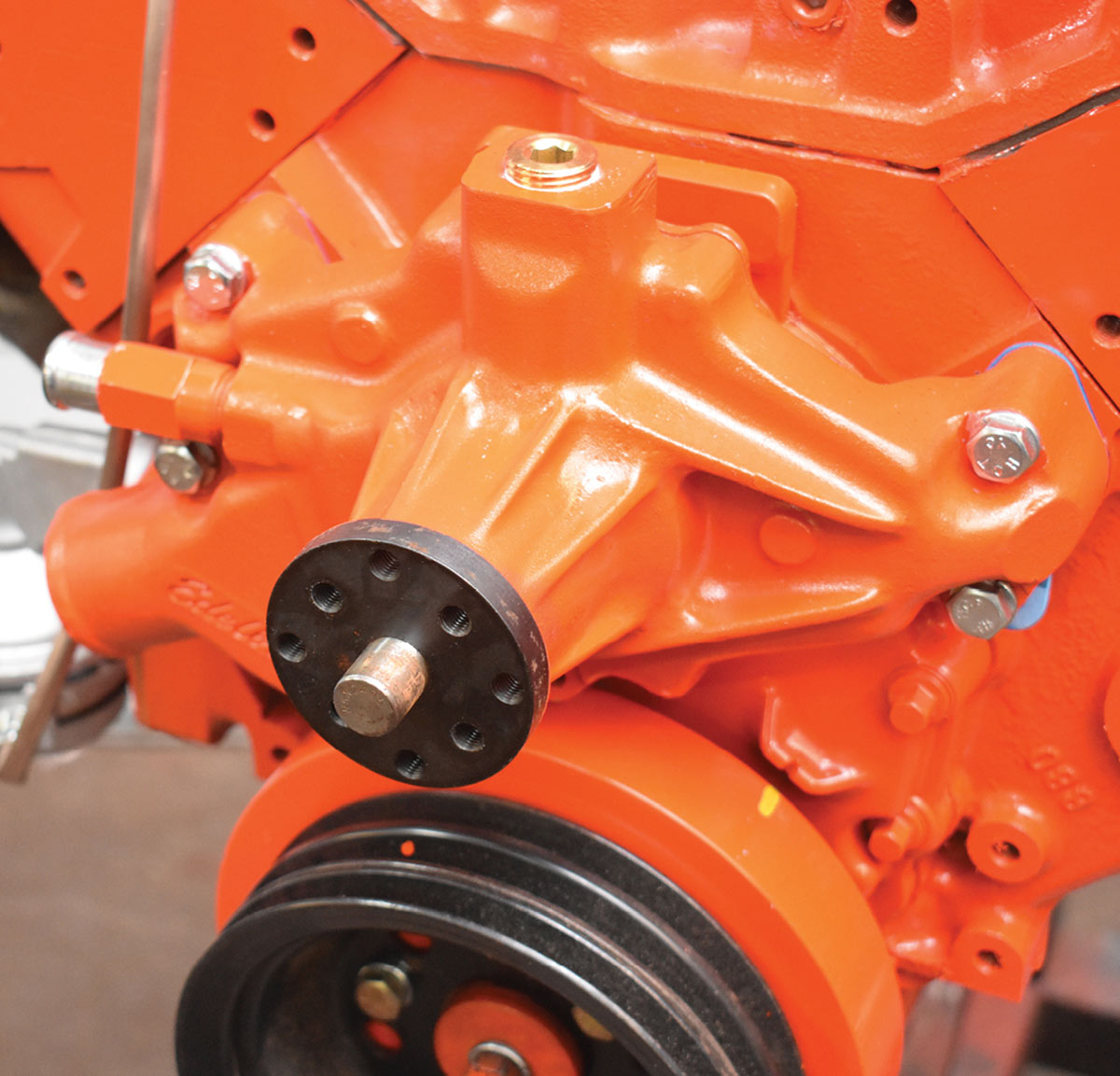 New standard rotation water pump installed onto block