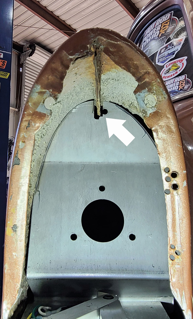 Rocky Hinge supplies a mounting tab in their kit to help secure the filler plate’s location, but it is located exactly where the body seams are, so it had to be removed and the plate notched for clearance. 