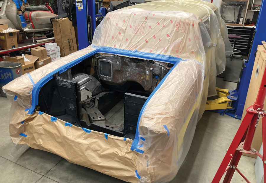 engine bay prepped for primer and paint